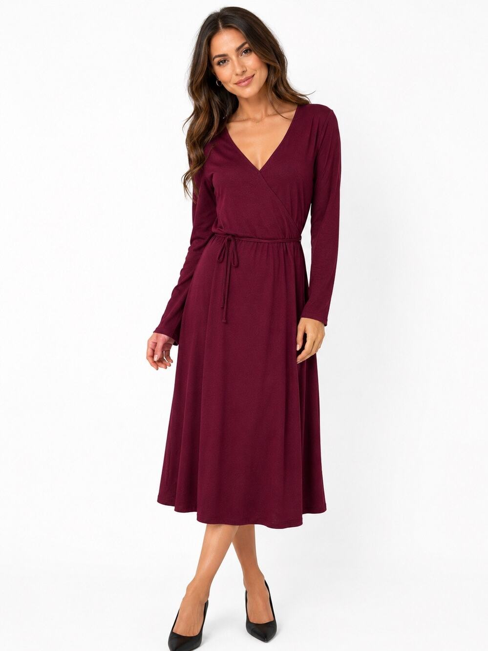 Old Navy Wine Midi Dress Medium Vee Neck Fit & Flare Wrap Skirt Career Office